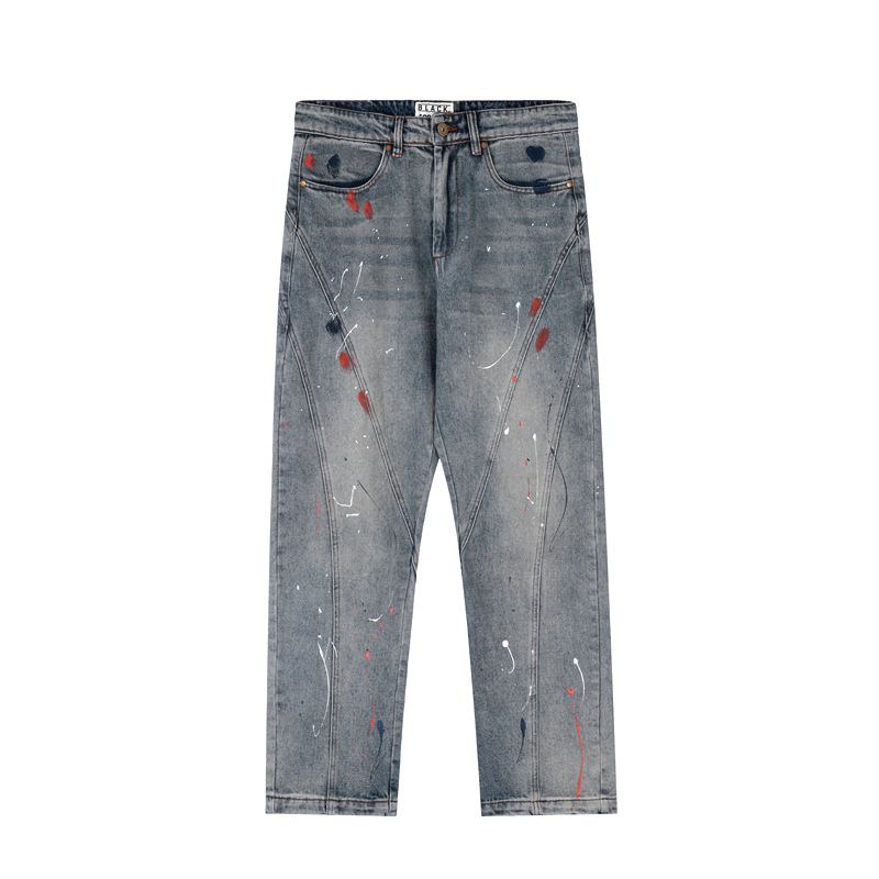   High Street American Retro Distressed Paint-Splashing Style Graffiti New Jeans Men's oose Straight Fashion Brand Stitching Hip Hop Pants