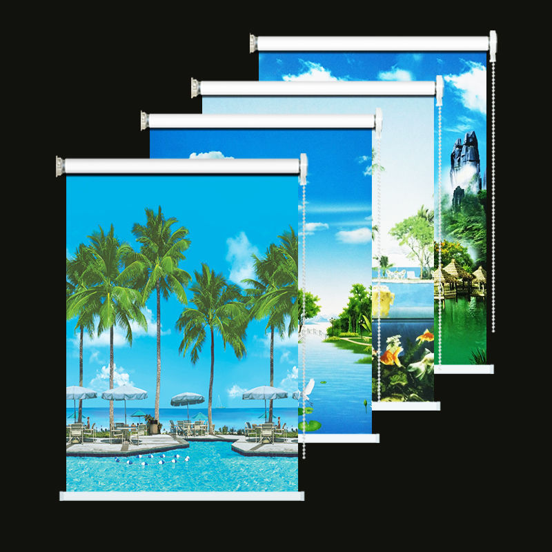 卷帘窗帘山水风景画遮光帘卧室客厅厨房卫生间防水飘窗隔断落地窗