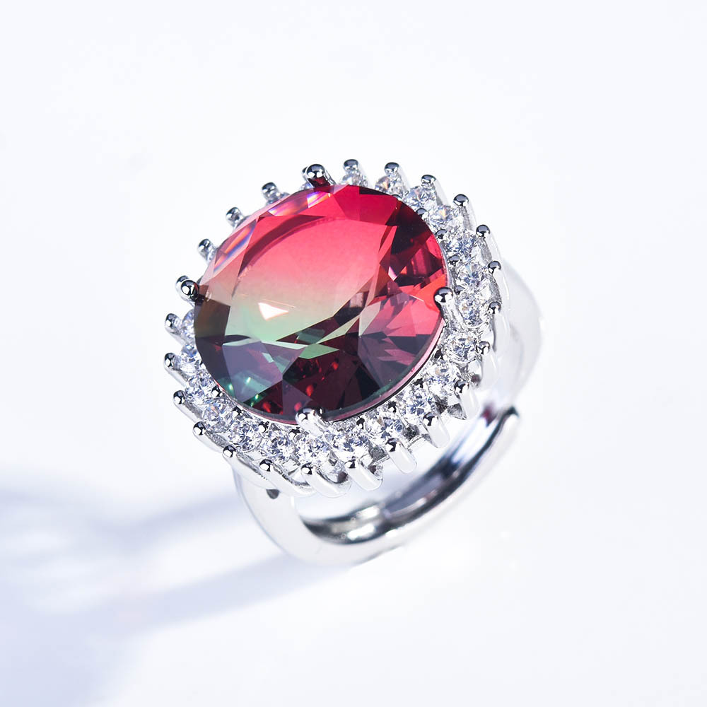 臻荣新款彩宝系列合成西瓜碧玺戒指 镀pt950铂金仿真锆石戴妃女戒