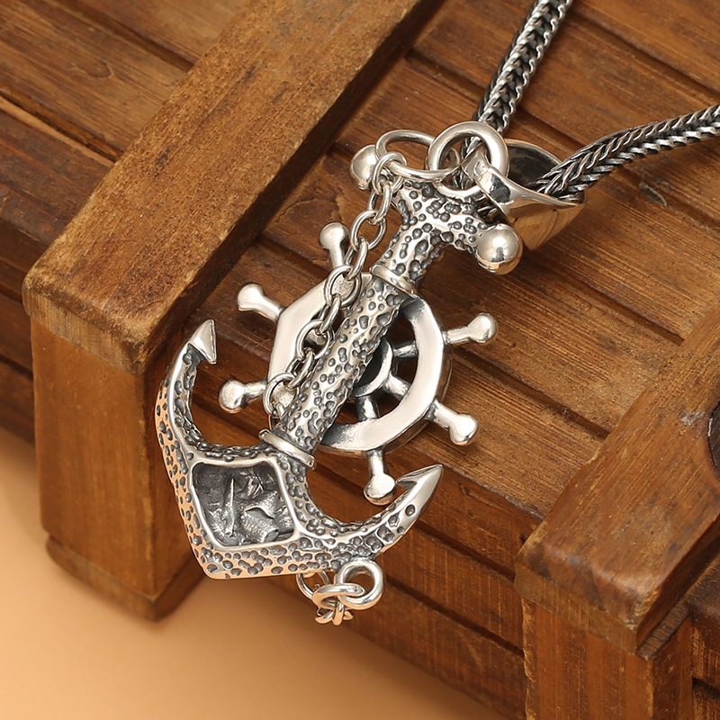s925纯银海盗船舵船锚吊坠时尚朋克风男士项链挂坠朋克风做旧饰品