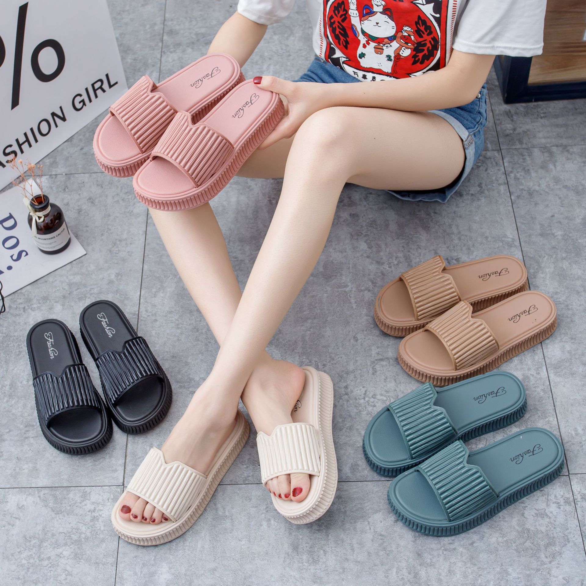 new slippers for women spring and summer home thick bottom strip korean style ins home fashion one-word thick bottom trend slippers women