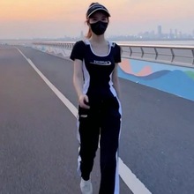 黑色休闲运动套装女时尚洋气时髦健身跑步气质瑜伽短袖卫裤两件套