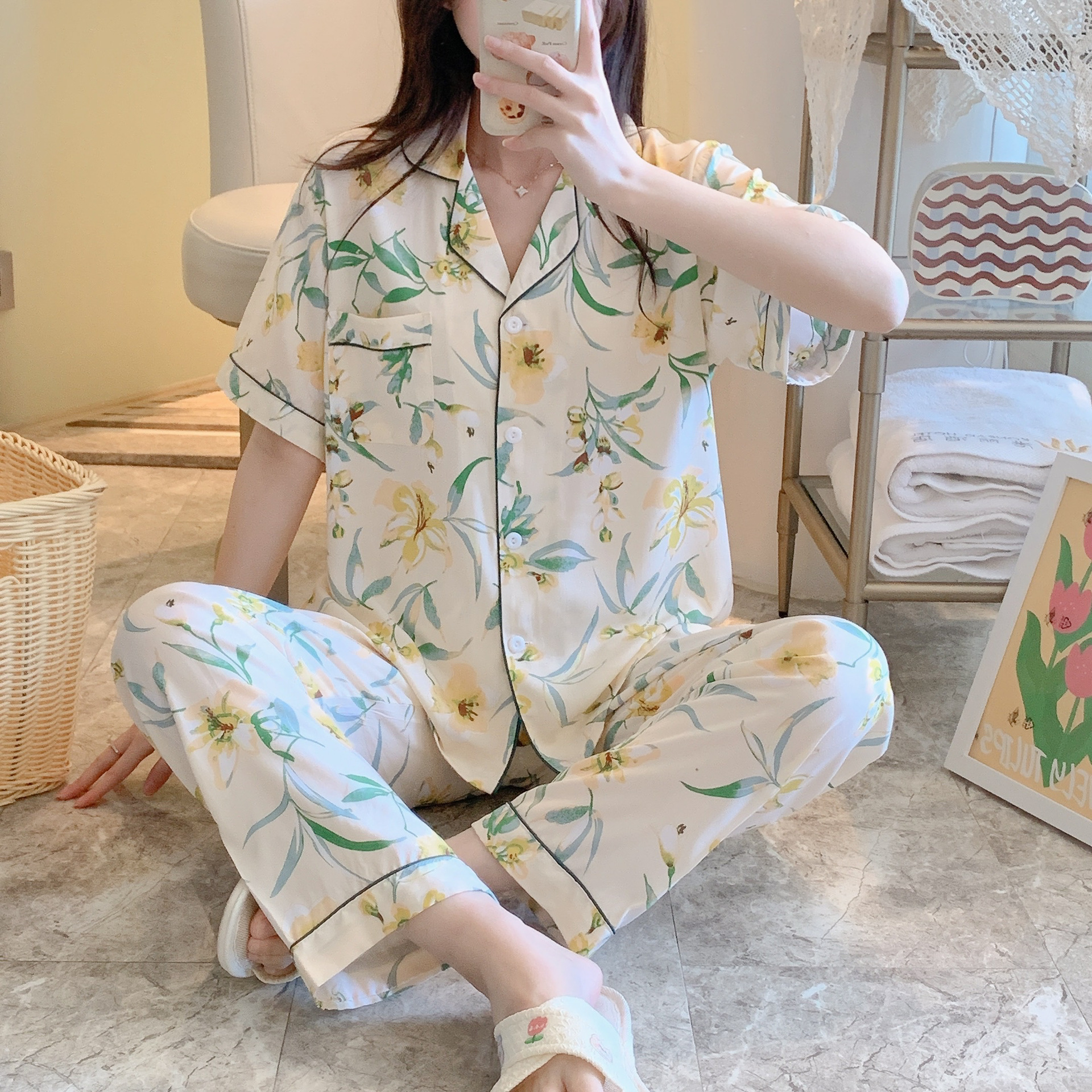 棉绸睡衣女夏季新款短袖长裤卡通印花套装少女可爱学生夏天家居服