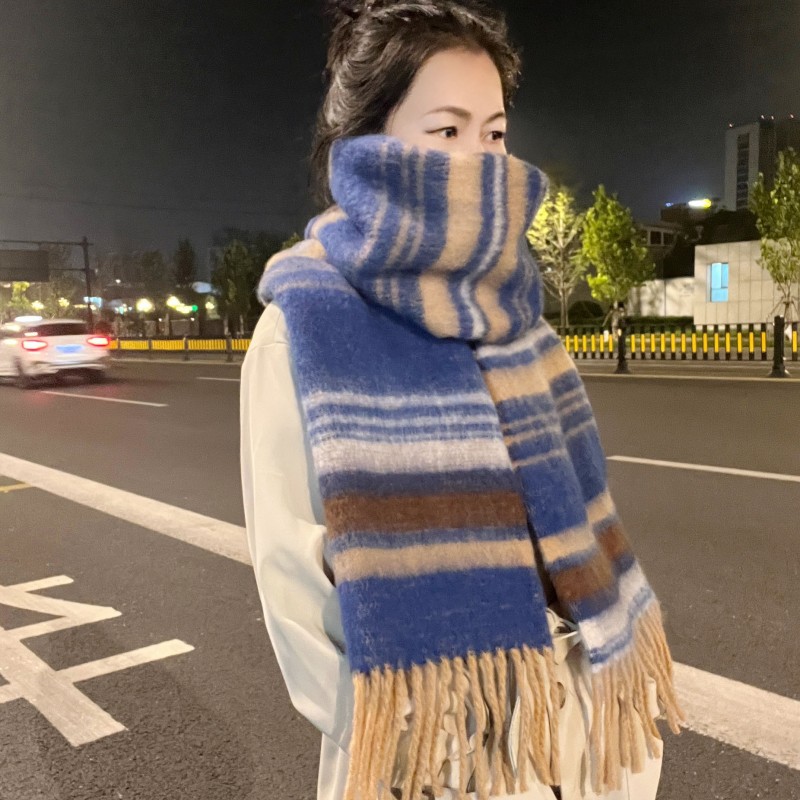 2023 New Contrast Color Striped Tassel Mohair Scarf Female Winter Thicken Thermal Versatile Student Shawl Scarf