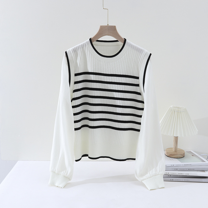 Quality Light Luxury Machine Washable Fake Two-Piece Striped Patchwork Top 2024 Spring New Black and White Color Matching Sweater Women Clothes