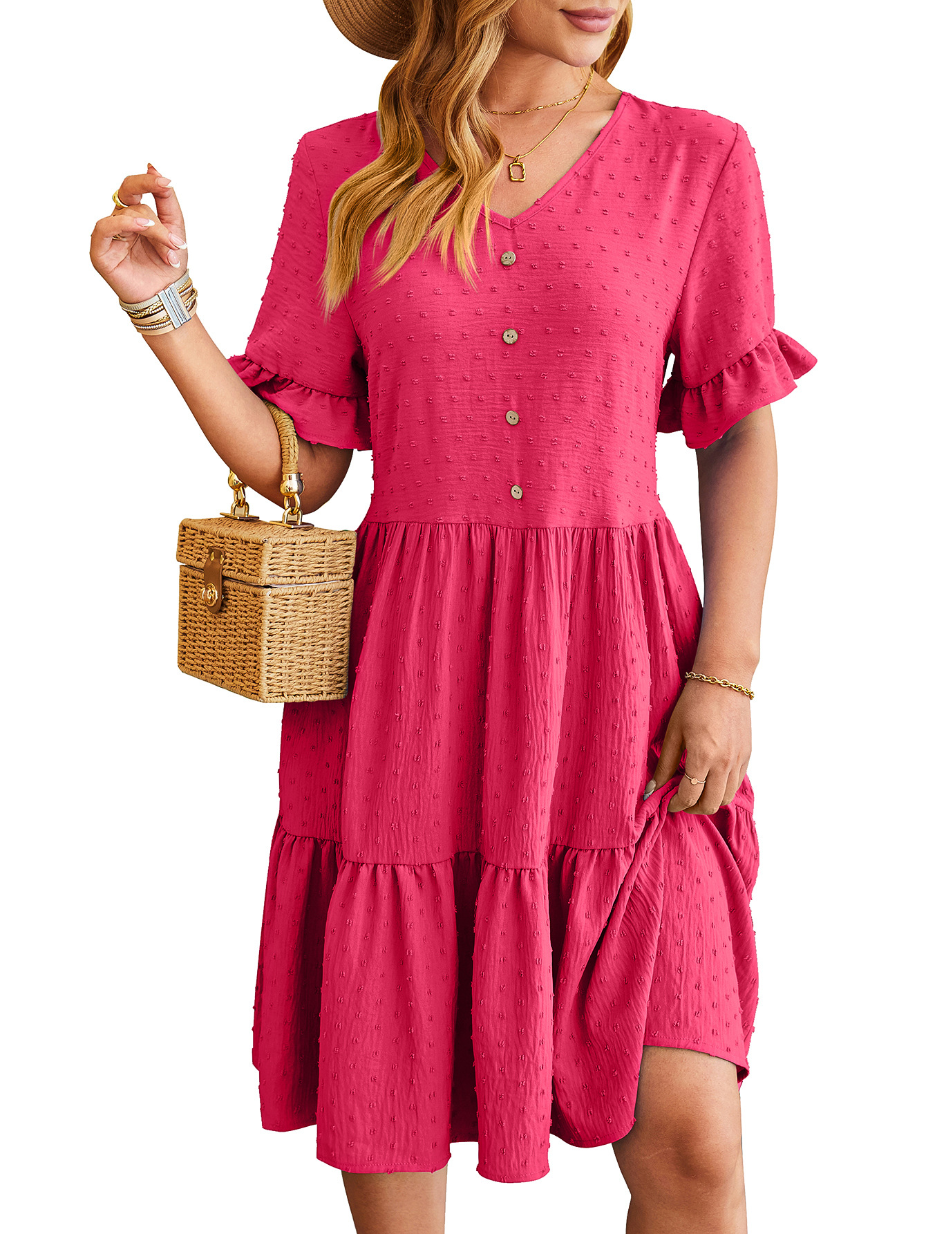 Cross-Border European and American Women's Clothing 2024 Amazon Spring/Summer New V-neck Jacquard Waist-Tight Five-Quarter Sleeve Pleated Dress