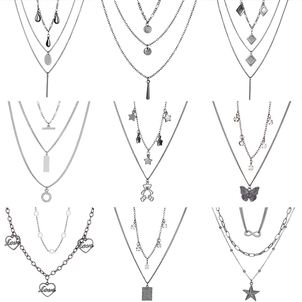 欧美跨境速卖通复古金属多层爱心项链流苏圆片叠戴锁骨链小众设计