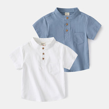 儿童短袖衬衫2022夏装男童立领纯色衬衣韩版宝宝休闲夏季上衣