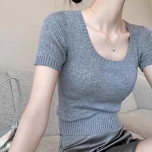 韩版纯欲风修身针织衫女2024夏季新款短袖T恤女装短款纯色上衣潮