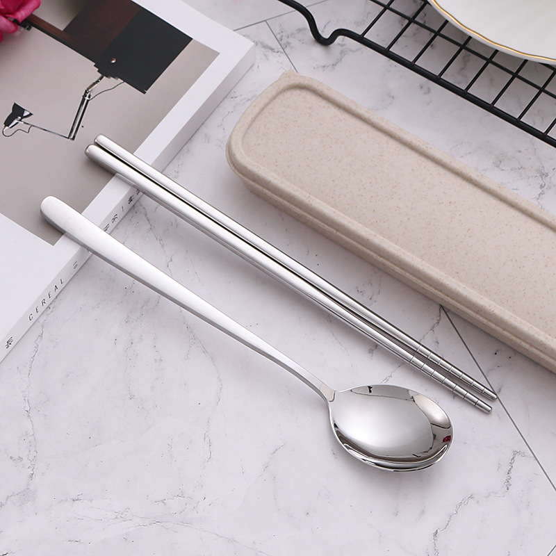 304 Stainless Steel Portable Tableware Three-Piece Chopsticks Spoon Fork Set Student Tableware Storage Box Gift