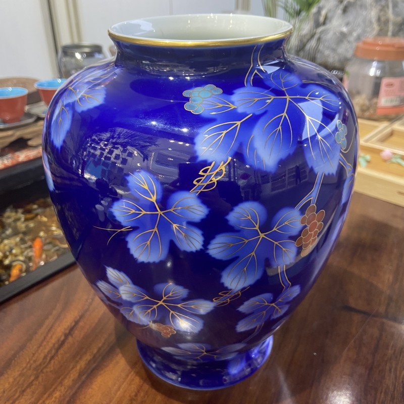 京都回流九谷烧釉下彩手绘花瓶深川制香兰社日式花器孤品陶瓷瓶