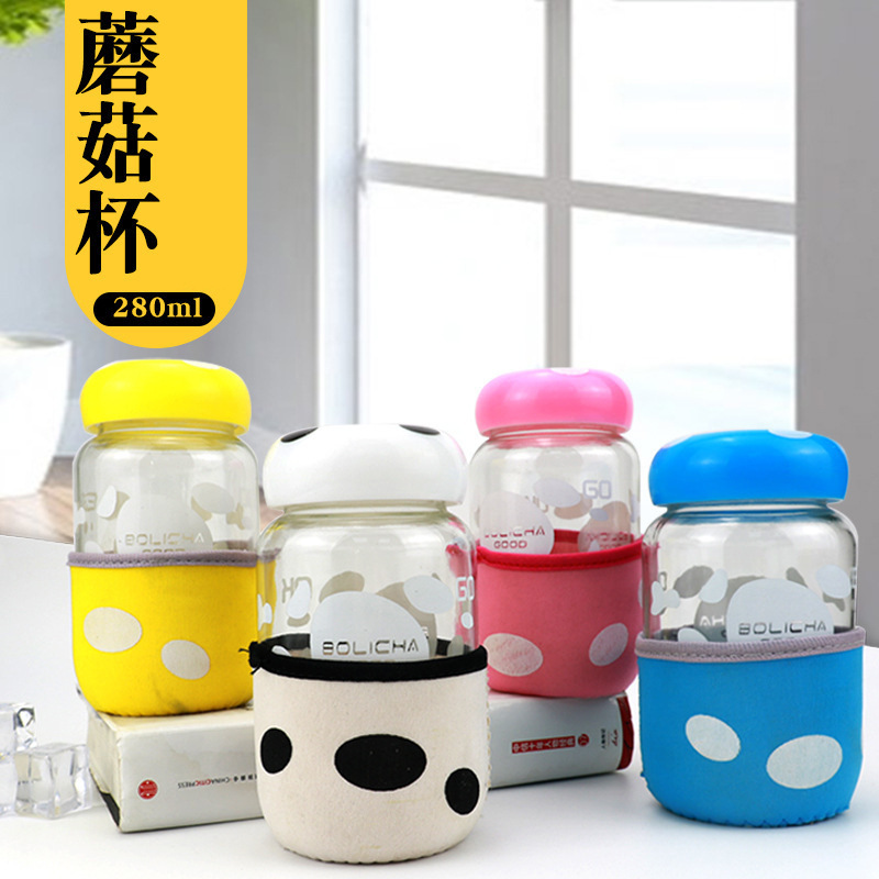 spot transparent glass mushroom cup with lid gift cup creative cartoon cup mini student portable carry-on cup