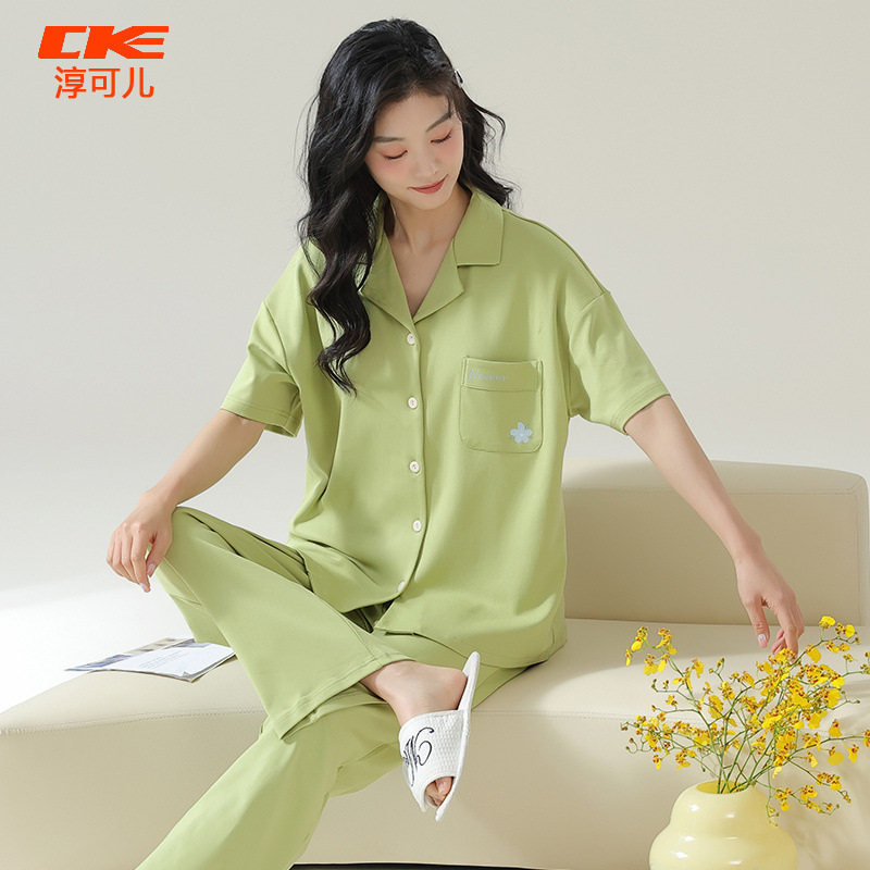 new pajamas women‘s summer cardigan short-sleeved trousers lapel sweet purified cotton can be worn outside home pajamas women‘s wholesale