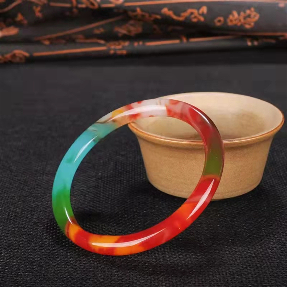 批发新疆和田玉彩玉七彩玉手镯玛瑙手镯外蒙料金丝玉彩玉手镯圆条