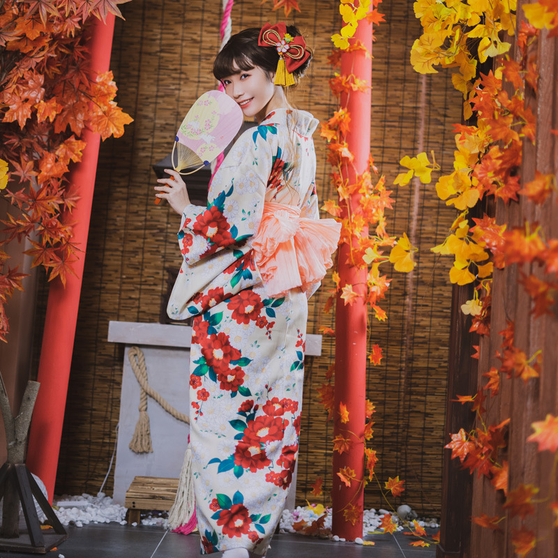 日本和服女 日式和风传统改良便穿版小纹和服山茶花柄厚料不易皱