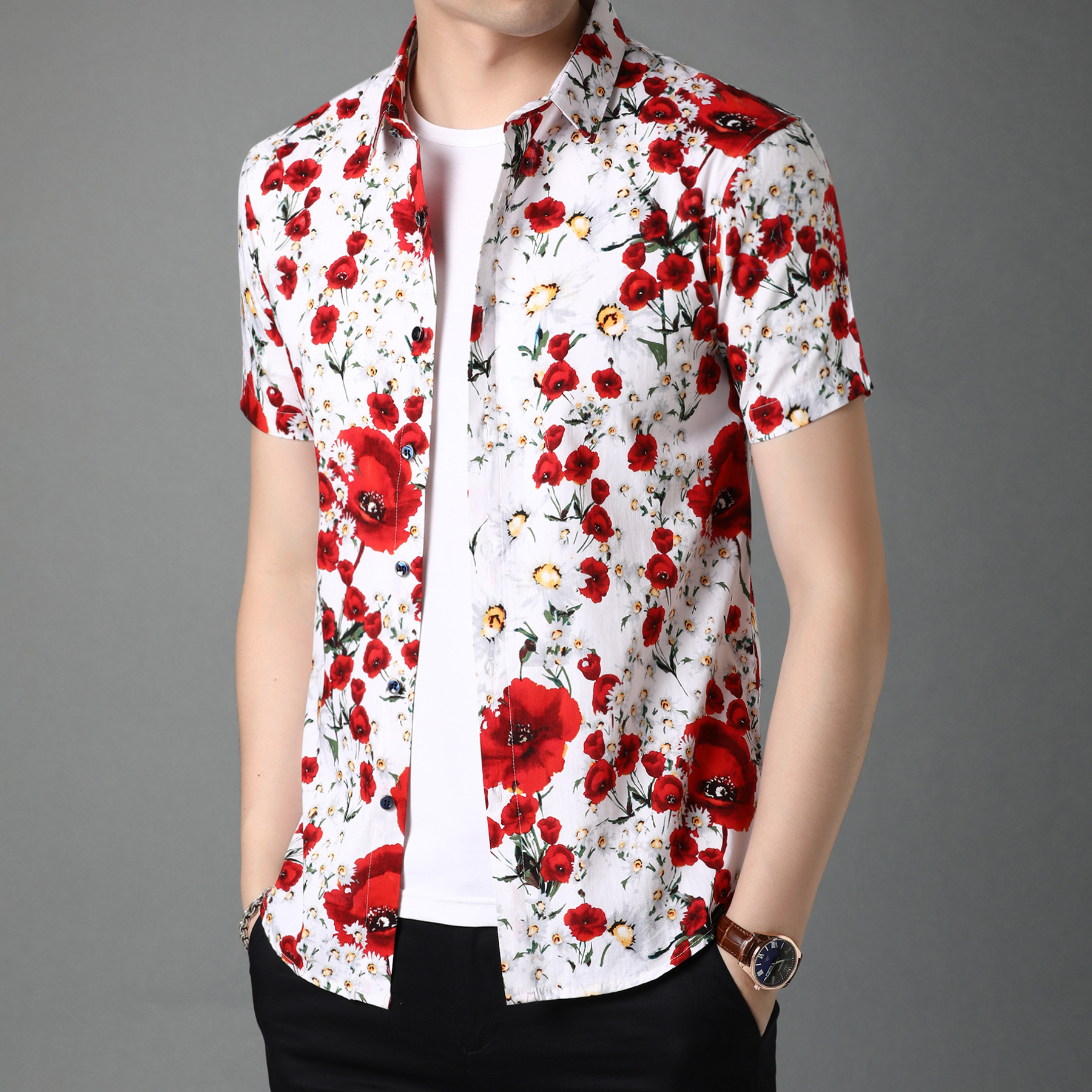 厂家直销花色男士纯棉衬衫 新款显瘦亲肤透气高端短袖精品男批发