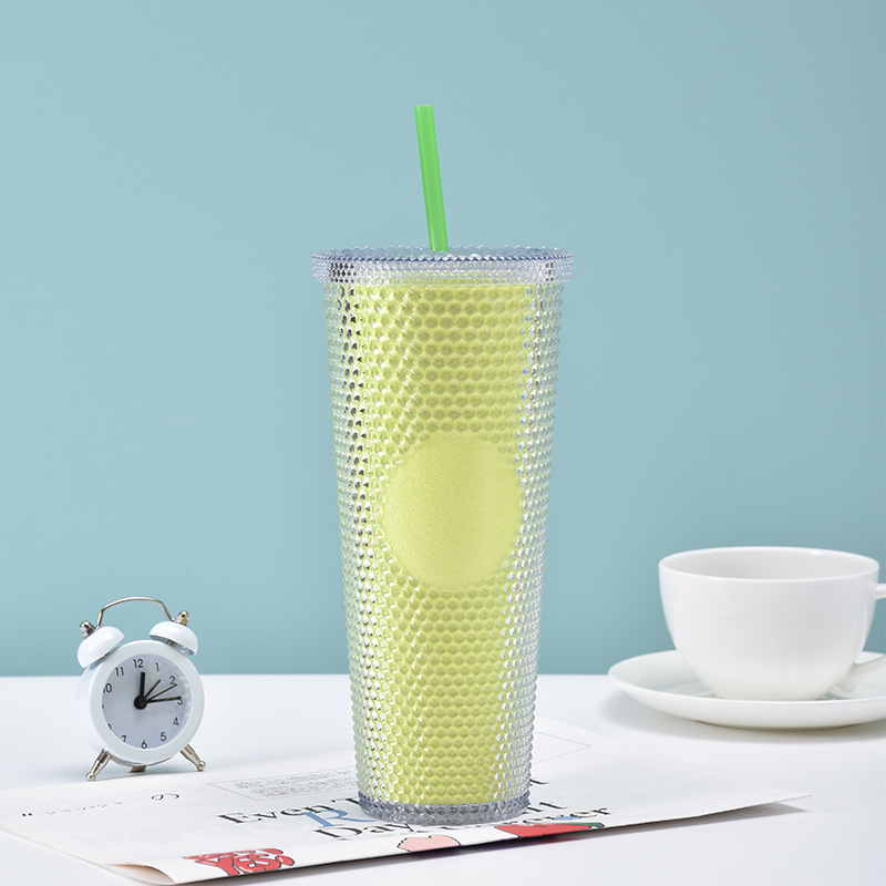 Trending Creative Gradient Color Double-Layer Cup with Straw Diamond Durian Cup with Light Portable Large Capacity Plastic Cup Wholesale