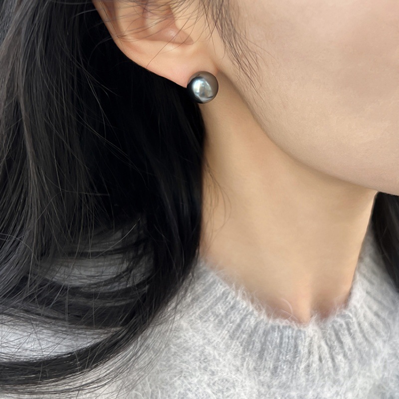 新款大溪地黑珍珠耳钉正圆强光施家珍珠s925纯银针耳饰轻奢ins风