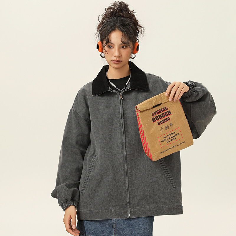 澳宾卡复古牛仔风夹克男女同款秋冬款美式翻领宽松休闲百搭外套男