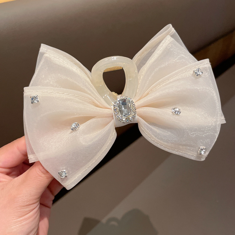 韩国气质蝴蝶结网纱大号鲨鱼夹高级感水钻镶嵌盘发夹女后脑勺抓夹