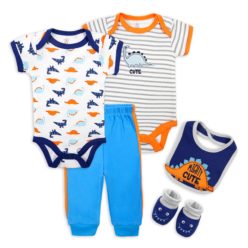 2022 Factory Wholesale Short-Sleeved Baby Romper Short Ha Trousers Saliva Towel Shoes Five-Piece Suit Baby One-Piece