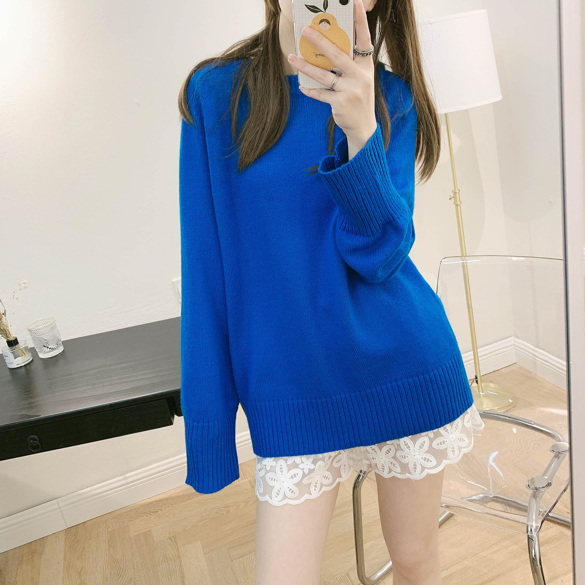 秋冬cos风宝蓝色毛衣女套头宽松简约长袖chic纯色百搭圆领针织衫