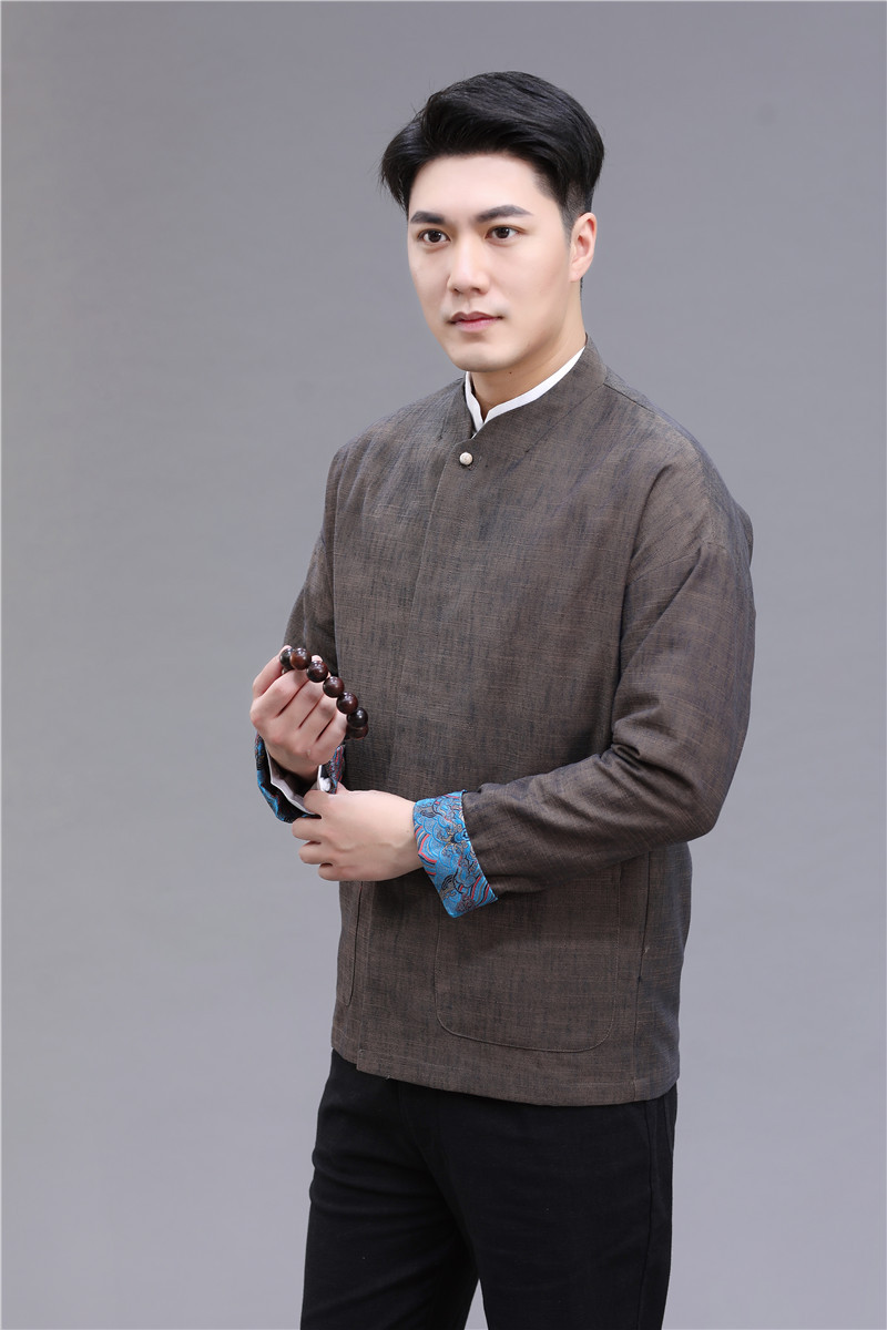 春秋款唐装中山装男外套亚麻夹里长袖上衣复古国风男外套居士茶服