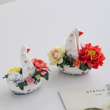 蜀门中式陶瓷创意手工捏花装饰摆件一帆风顺工艺品办公室客厅礼品