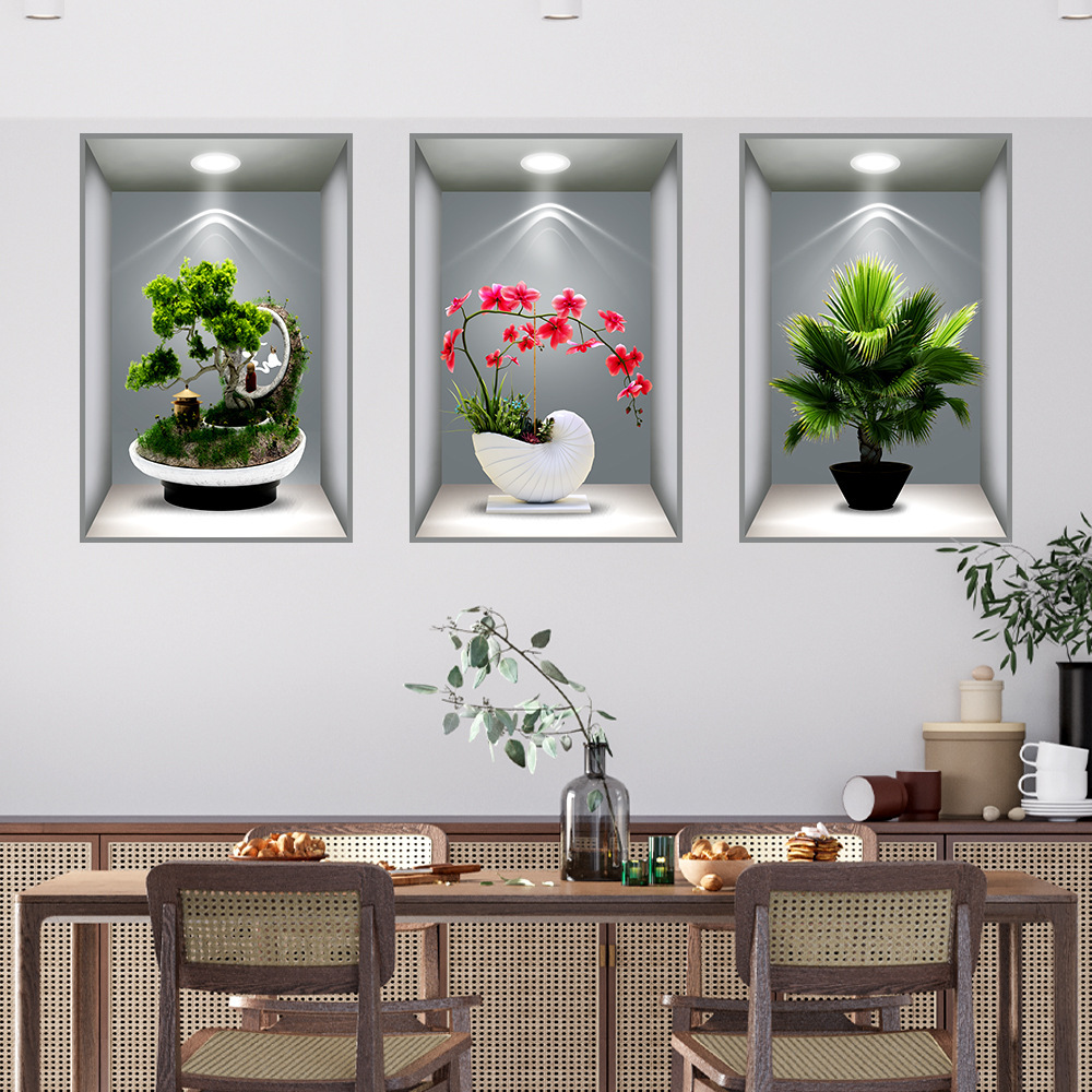 Best-Seller on Douyin Triple Plant Flower 3D Effect Simulation Self-Adhesive Painting Potted Painting Aisle Stairs Decorative Painting
