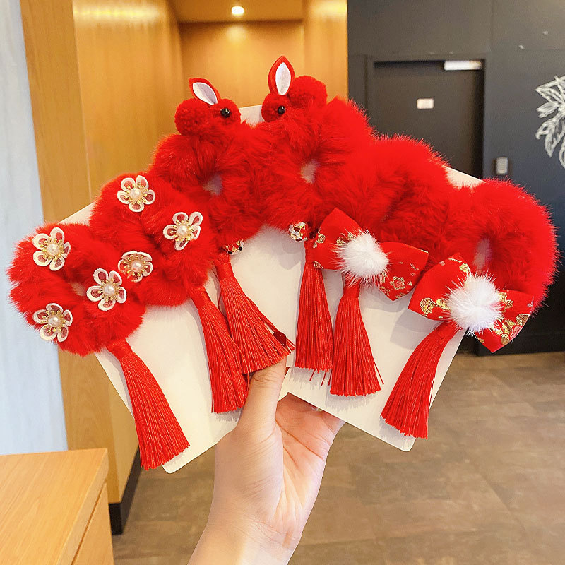 中国风儿童过年汉服头饰头花女童红色古风新年发饰小女孩红色发圈