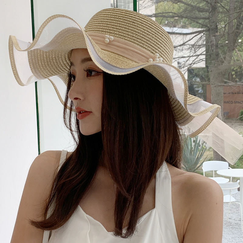 Hat Women's Seaside Summer Sun Protection Big Brimmed Straw Hat Sun Big Brim Beach Sun Hat Face-Covering All-Match Korean Fashion