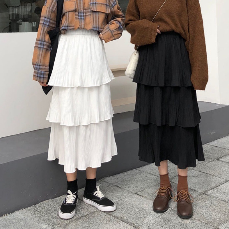 春夏季蛋糕裙纯色百褶裙半身裙a字裙高腰中长款拼接荷叶边裙子女