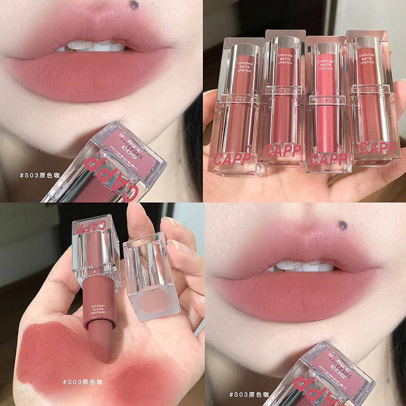 Cappuvini Transparent Acrylic Lipstick Matte Finish Romantic Lipstick Cinnamon Peach Oolong Student White