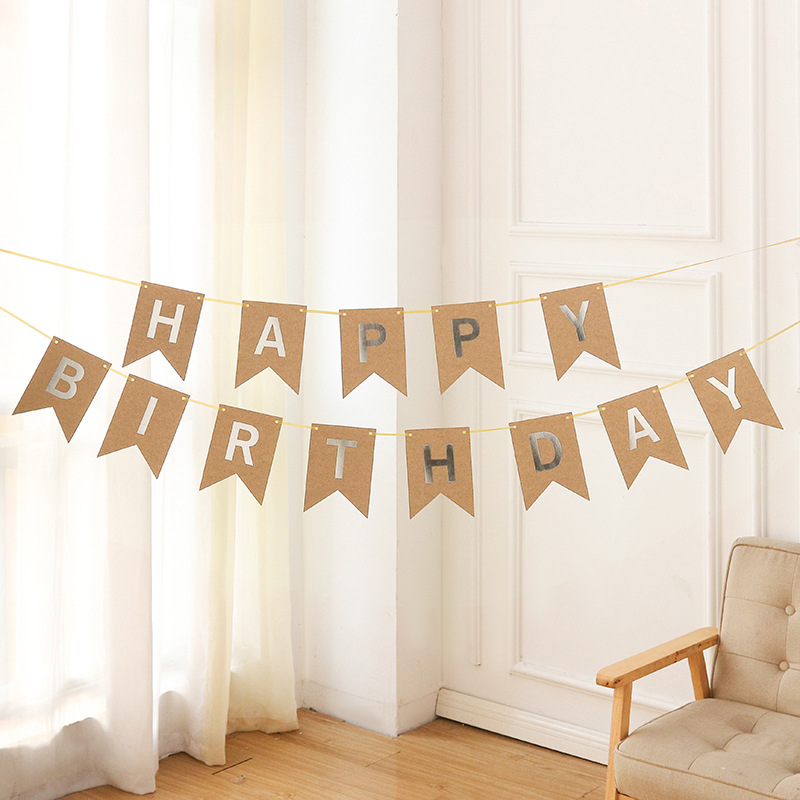 Kraft Paper Bronzing and Silver Plating Letters Fishtail Hanging Flag Happy Birthday Banner Party Latte Art Hanging Flag Decoration Supplies