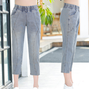夏季新款女装时尚裤子中年妈妈装牛仔裤大码松紧高腰弹力七分裤薄