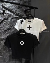 韩版夏季新款十字架印花百搭显瘦短款垫肩上衣