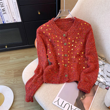 超好看亮片针织开衫女秋冬季设计感单排扣慵懒风圆领红色毛衣外套