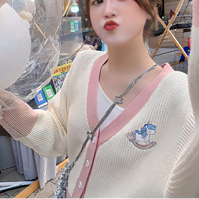 法式小香风独角兽针织开衫2023秋季新款韩版学院少女拼色上衣外套