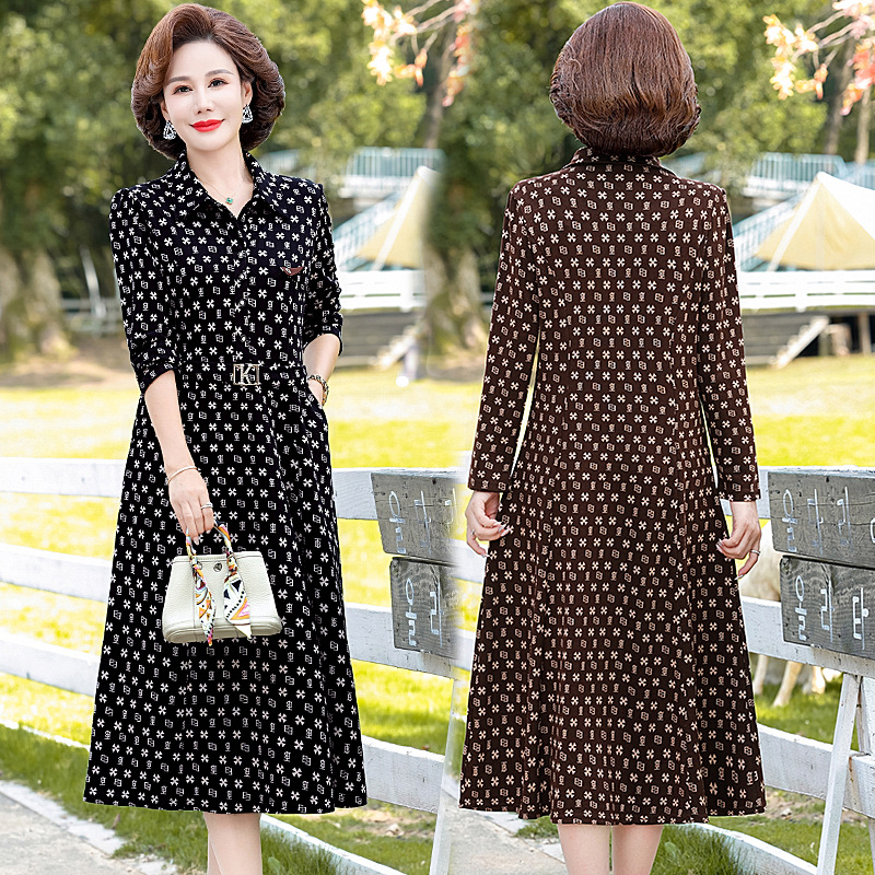 衬衫领碎花连衣裙女2023新款秋季中老年气质妈妈装修身显瘦打底裙