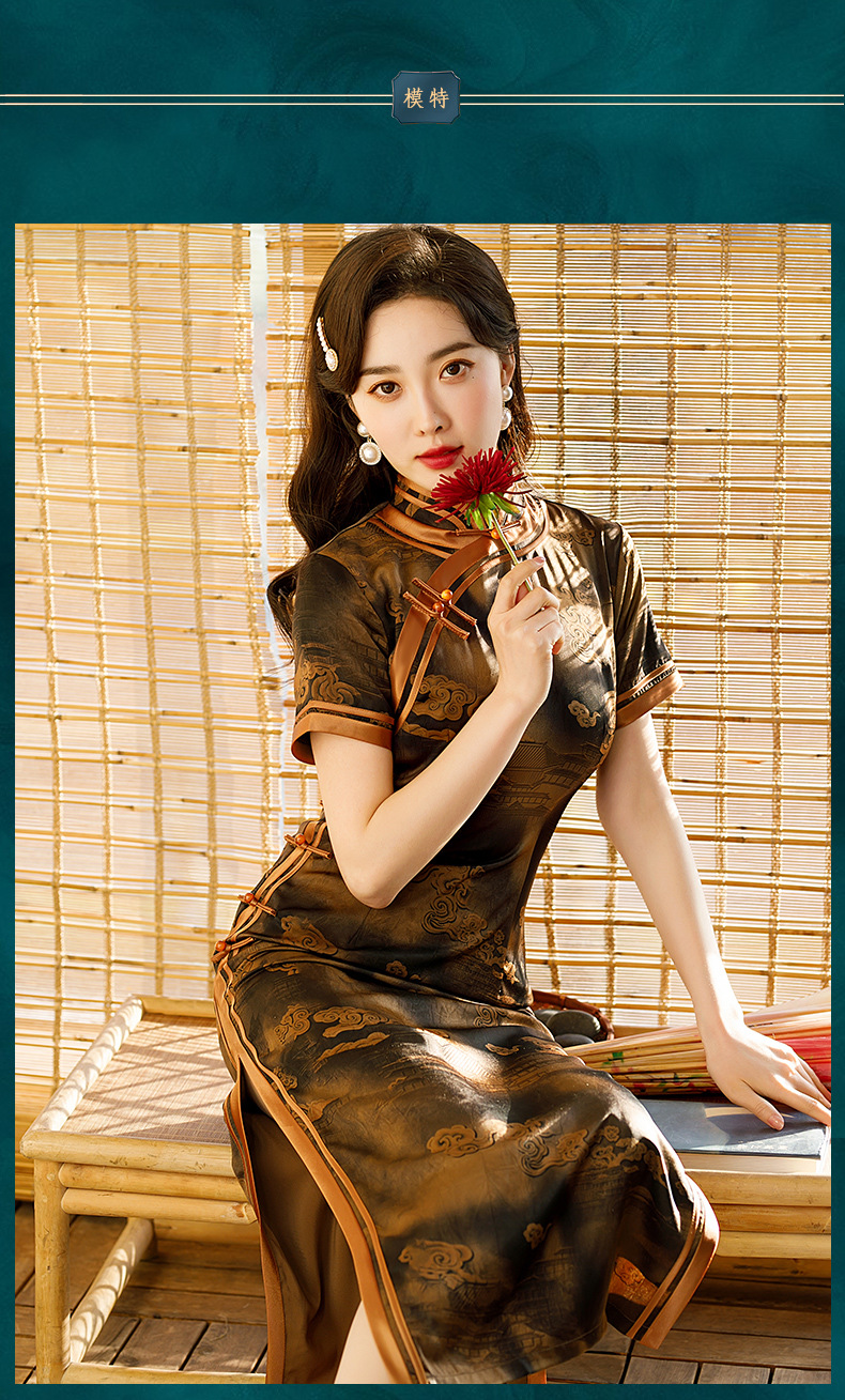 2022春秋季新款女装改良款连衣裙立领时尚棕色旗袍宴会礼服c2026