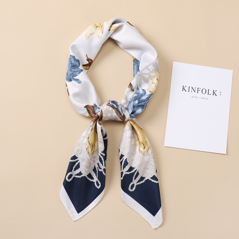 Early Autumn New Twill Silk 90 Square Scarf Female Flower Fashion Thin Decorative Scarf Air Conditioning Shawl Scarf Wholesale