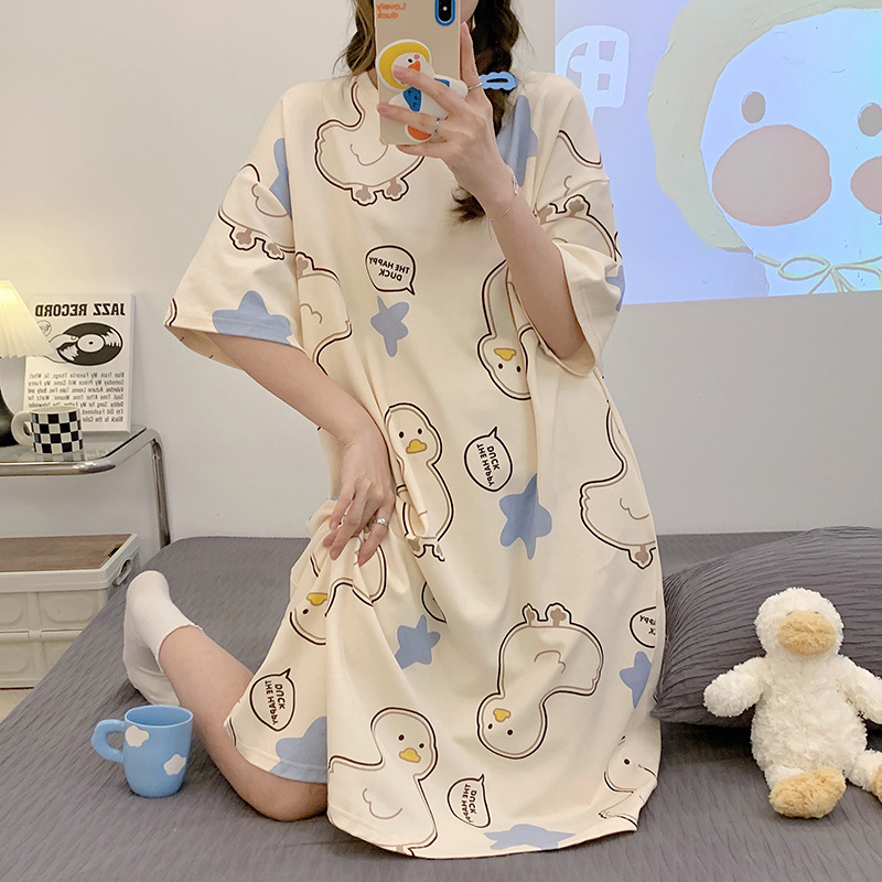 Nightdress Women's Summer Thin Fabric Cotton Cartoon Cute Girl Children's Student Dress Pregnant Women's Pajamas Summer