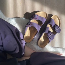 紫色厚底博肯鞋女夏季外穿2024新款复古真皮一脚蹬懒人沙滩凉拖鞋