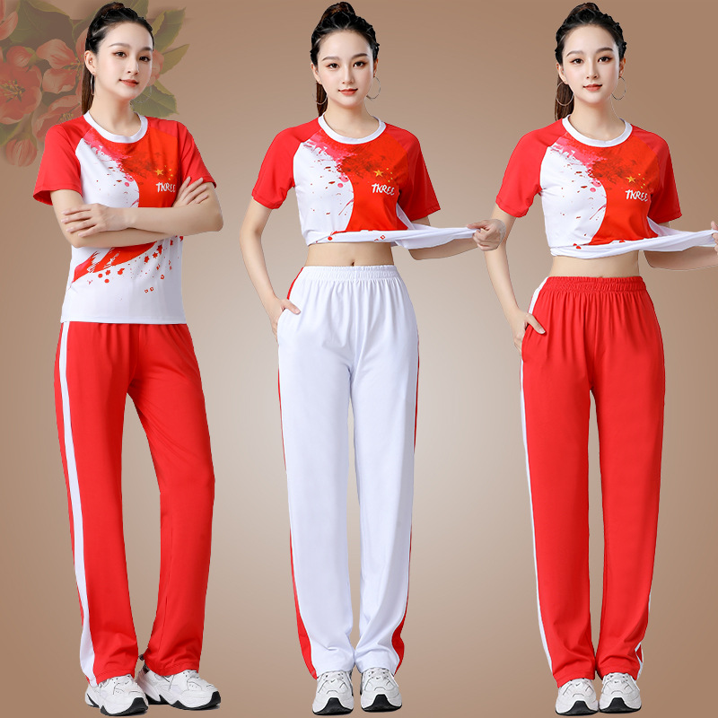 夏季广场舞服装新款运动短袖套装印花速干团队舞蹈服国庆演出服装