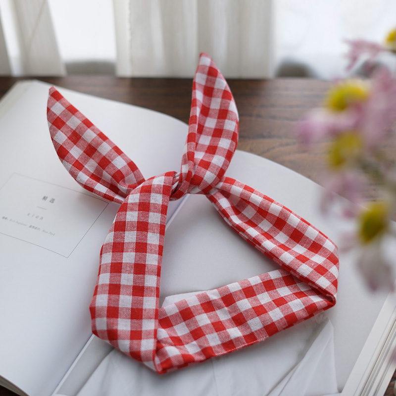 日系小格子棉麻可爱兔耳朵铁丝发带女网红小清新学院风格韩国发箍