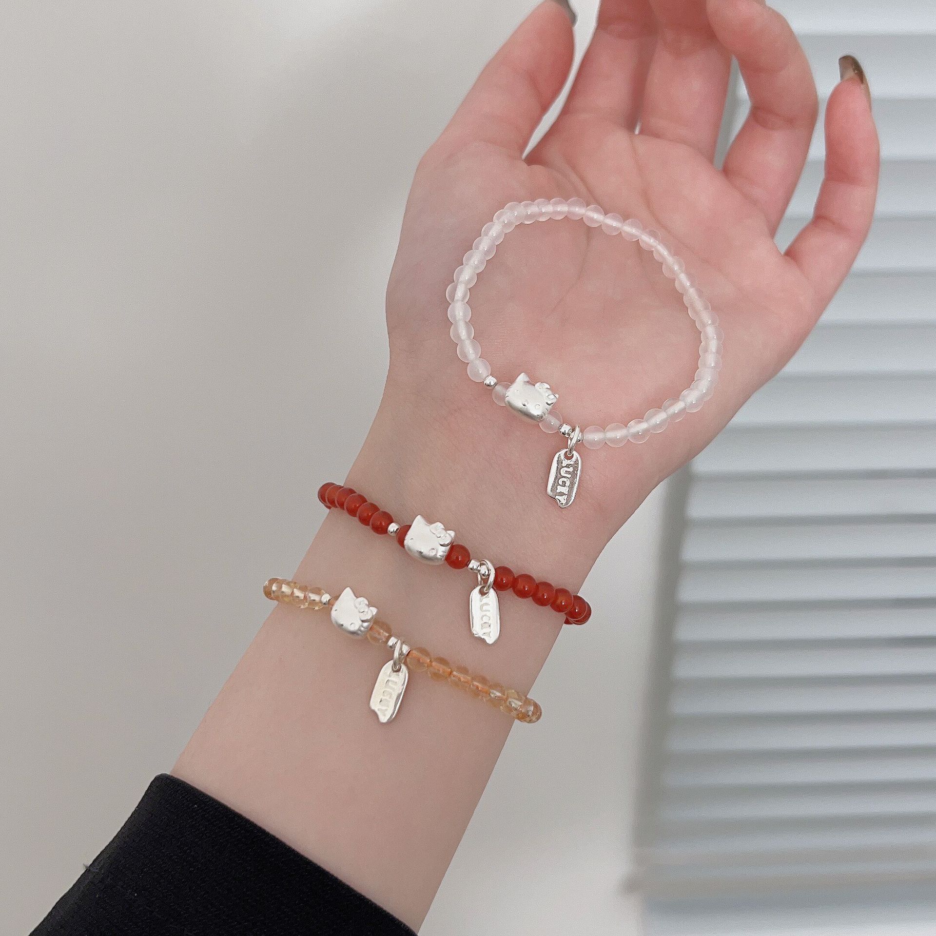 s999纯银kt猫手链女款甜美风天然黄水晶手串节日礼物夏日限定珠串