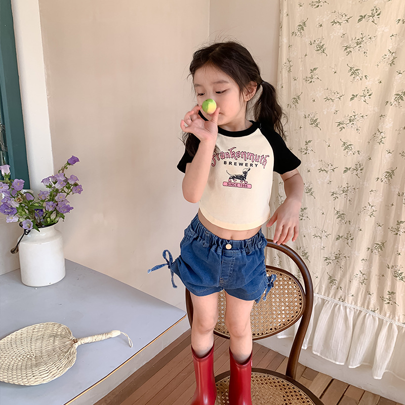 Girls' Cartoon Short T-shirt 2023 New Children's Color Matching Printed T Baby Summer Clothing Short T-shirt Bare Midriff Top