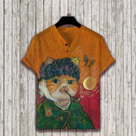 2025外贸亚马逊新款短袖衬衣3D数码印花竹节麻休闲套头3扣衬衣