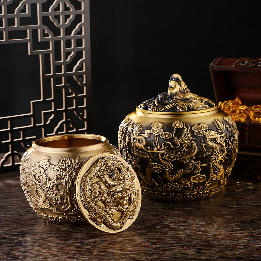 新款黄铜精雕九龙茶叶罐中式大号储物罐桌面摆件高档带盖密封防潮