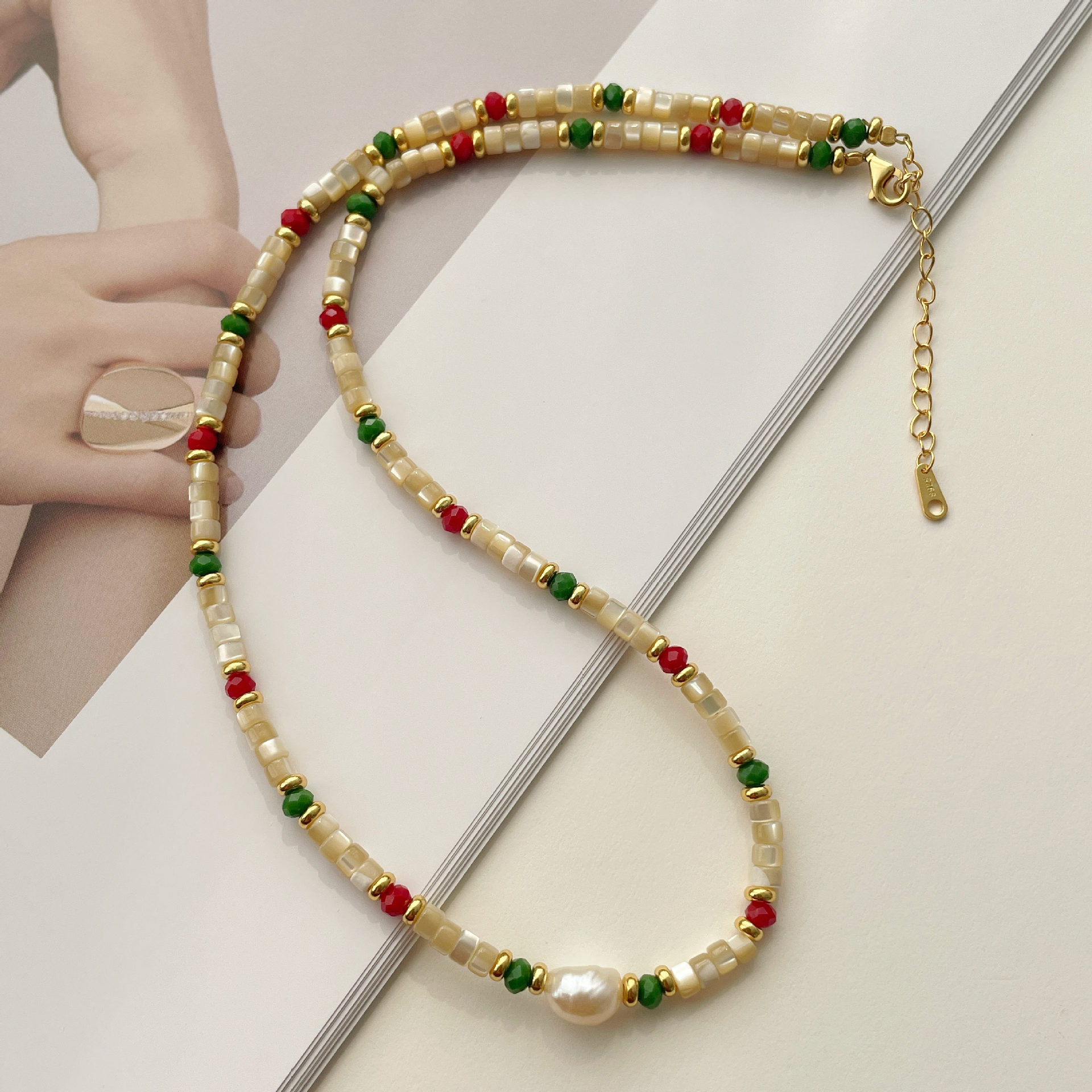 赛伊娜小众时尚气质风手工串珠锁骨链s925纯银马蹄螺淡水珍珠项链